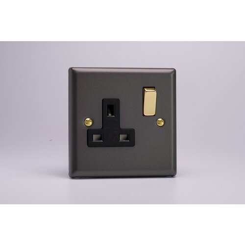 Varilight Vogue 1-Gang 13A Double Pole Switched Socket with Metal Rockers Black/Brass Slate Black/Brass Varilight Vogue 1-Gang 13A Double Pole Switched Socket with Metal Rockers Black/Brass Slate Black/Brass
