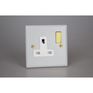 Varilight Vogue 1-Gang 13A Double Pole Switched Socket with Metal Rockers White Matt White Polished Brass