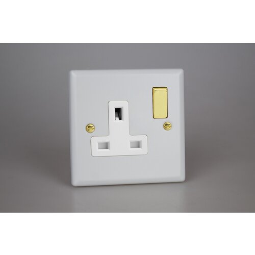Varilight Vogue 1-Gang 13A Double Pole Switched Socket with Metal Rockers White Matt White Polished Brass Varilight Vogue 1-Gang 13A Double Pole Switched Socket with Metal Rockers White Matt White Polished Brass