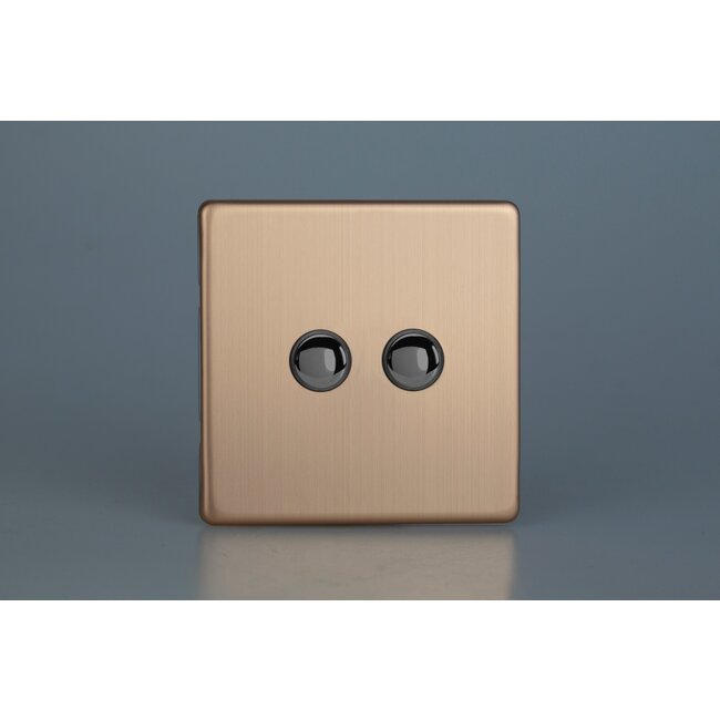 Varilight Urban Screwless 2-Gang 6A 1- or 2-Way Push-On/Off Impulse Switch Decorative Brushed Copper Iridium Buttons