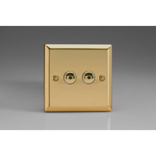 Varilight Classic 2-Gang 1-Way Remote/Touch Control Master LED Dimmer 2 x 0-100W (1-10 LEDs) V-Pro IR Victorian Brass Brass Buttons