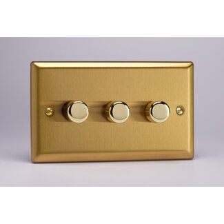 Varilight Classic 3-Gang 2-Way Push-On/Off Rotary LED Dimmer 3 x 0-120W (1-10 LEDs) (Twin Plate) V-Pro Brushed Brass Brass Knobs
