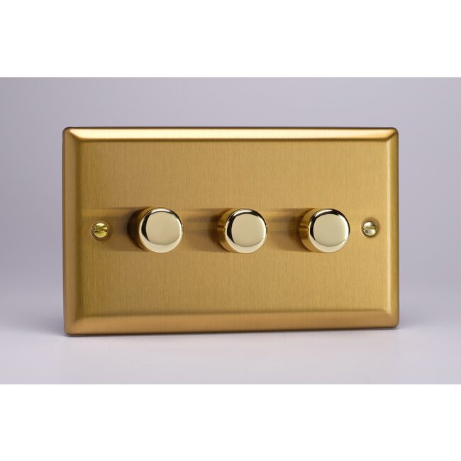 Varilight Classic 3-Gang 2-Way Push-On/Off Rotary LED Dimmer 3 x 0-120W (1-10 LEDs) (Twin Plate) V-Pro Brushed Brass Brass Knobs