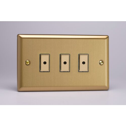 Varilight Classic 3-Gang 1-Way V-Pro Multi-Point Remote/Tactile Touch Control Master LED Dimmer 3 x 0-100W (1-10 LEDs) (Twin Plate) V-Pro Multi-Point Remote (formerly Eclique2) Brushed Brass Brass Buttons Varilight Classic 3-Gang 1-Way V-Pro Multi-Point Remote/Tactile Touch Control Master LED Dimmer 3 x 0-100W (1-10 LEDs) (Twin Plate) V-Pro Multi-Point Remote (formerly Eclique2) Brushed Brass Brass Buttons