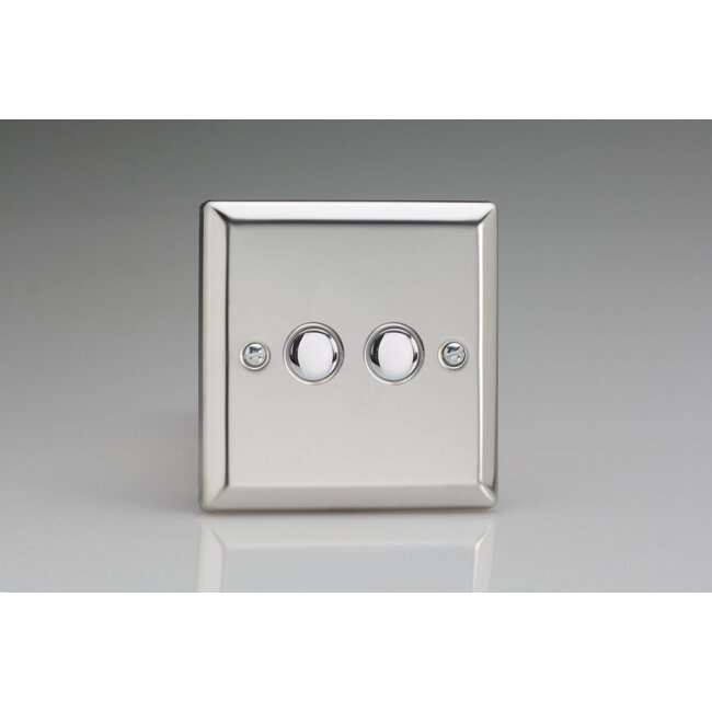 Varilight Classic 2-Gang 6A 1- or 2-Way Push-On/Off Impulse Switch Decorative Mirror Chrome Chrome Buttons
