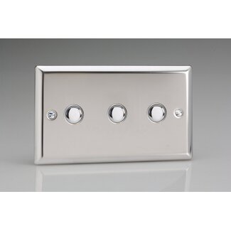 Varilight Classic 3-Gang 6A 1- or 2-Way Push-On/Off Impulse Switch (Twin Plate) Decorative Mirror Chrome Chrome Buttons