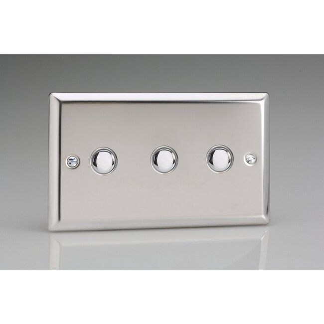 Varilight Classic 3-Gang 6A 1- or 2-Way Push-On/Off Impulse Switch (Twin Plate) Decorative Mirror Chrome Chrome Buttons