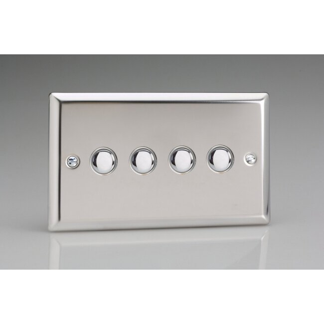 Varilight Classic 4-Gang 6A 1- or 2-Way Push-On/Off Impulse Switch (Twin Plate) Decorative Mirror Chrome Chrome Buttons