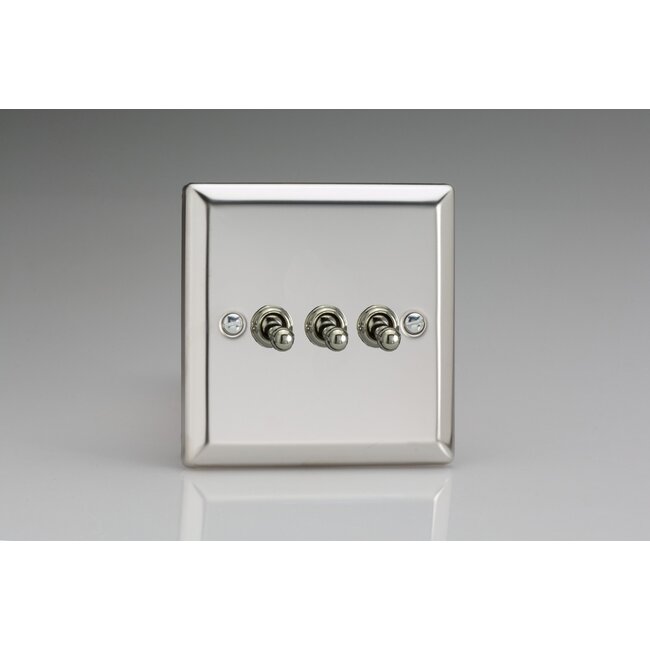 Varilight Classic 3-Gang 10A 1- or 2-Way Toggle Switch Decorative Mirror Chrome Chrome Toggles