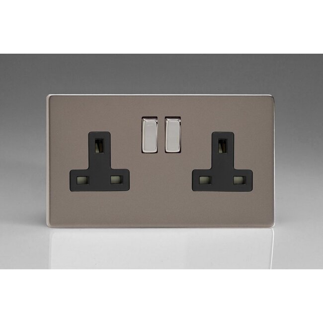 Varilight Screwless 2-Gang 13A Double Pole Switched Socket with Metal Rockers Black Pewter Chrome/Black Inserts