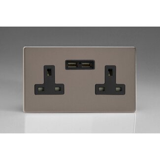Varilight Screwless 2-Gang 13A Unswitched Socket + 2x5V DC 2100mA USB Charging Ports Black Pewter Black Inserts