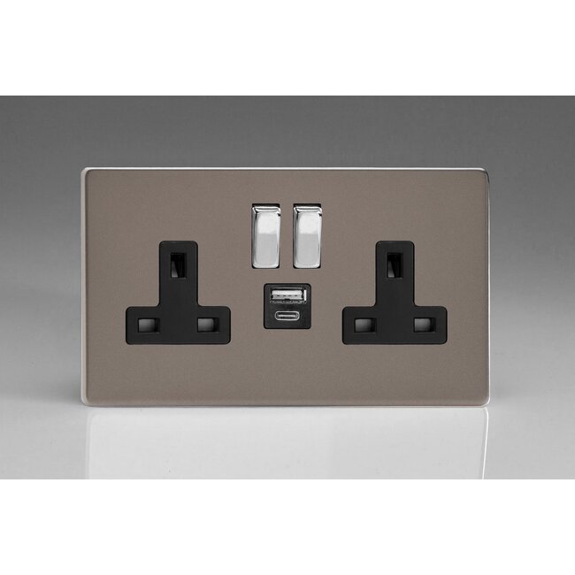 Varilight Screwless 2-Gang 13A Single Pole Switched Socket with 1x USB A & 1x USB C Charging Ports Black Pewter Chrome Rocker