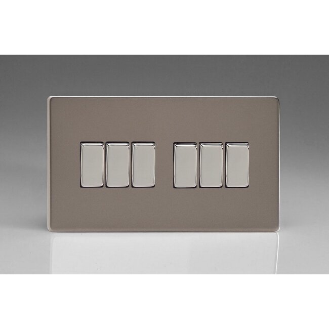 Varilight Screwless 6-Gang 10A 1- or 2-Way Rocker Switch (Twin Plate) Decorative Pewter Chrome Rockers