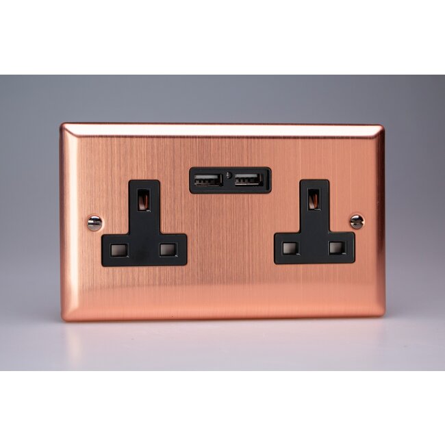 Varilight Urban 2-Gang 13A Unswitched Socket + 2x5V DC 2100mA USB Charging Ports Black Brushed Copper Black Inserts