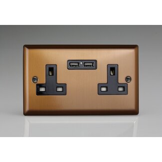 Varilight Urban 2-Gang 13A Unswitched Socket + 2x5V DC 2100mA USB Charging Ports Black Brushed Bronze Black Inserts