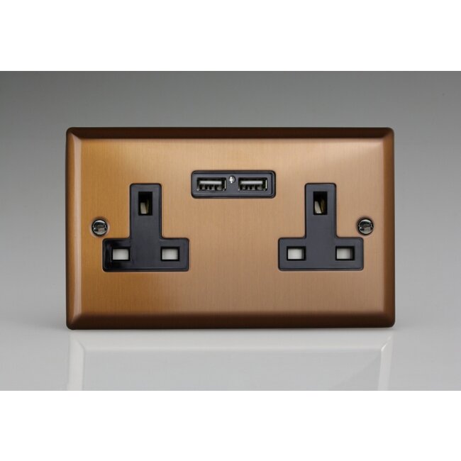 Varilight Urban 2-Gang 13A Unswitched Socket + 2x5V DC 2100mA USB Charging Ports Black Brushed Bronze Black Inserts