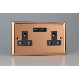 Varilight Urban 2-Gang 13A Unswitched Socket + 2x5V DC 2100mA USB Charging Ports Black Polished Copper Black Inserts