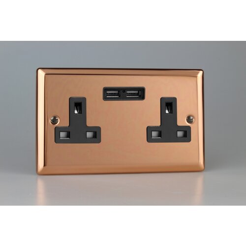 Varilight Urban 2-Gang 13A Unswitched Socket + 2x5V DC 2100mA USB Charging Ports Black Polished Copper Black Inserts Varilight Urban 2-Gang 13A Unswitched Socket + 2x5V DC 2100mA USB Charging Ports Black Polished Copper Black Inserts