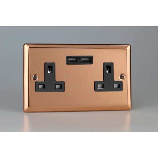 Varilight Urban 2-Gang 13A Unswitched Socket + 2x5V DC 2100mA USB Charging Ports Black Polished Copper Black Inserts
