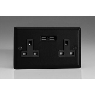 Varilight Urban/Vogue 2-Gang 13A Unswitched Socket + 2x5V DC 2100mA USB Charging Ports Black Matt Black Black Inserts