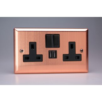 Varilight Urban 2-Gang 13A Single Pole Switched Socket + 2x5V DC 2100mA USB Charging Ports  Black Brushed Copper Black Inserts