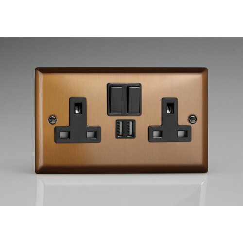 Varilight Urban 2-Gang 13A Single Pole Switched Socket + 2x5V DC 2100mA USB Charging Ports Black Brushed Bronze Black Inserts Varilight Urban 2-Gang 13A Single Pole Switched Socket + 2x5V DC 2100mA USB Charging Ports Black Brushed Bronze Black Inserts