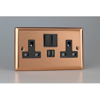 Varilight Urban 2-Gang 13A Single Pole Switched Socket + 2x5V DC 2100mA USB Charging Ports  Black Polished Copper Black Inserts