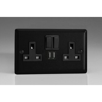Varilight Urban 2-Gang 13A Single Pole Switched Socket + 2x5V DC 2100mA USB Charging Ports  Black Matt Black Black Inserts