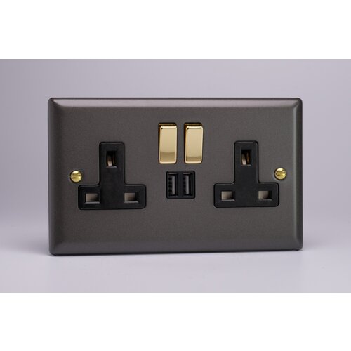 Varilight Vogue 2-Gang 13A Single Pole Switched Socket with Metal Rockers + 2 5V DC 2100mA USB Charging Ports Black/Brass Slate Black/Brass Varilight Vogue 2-Gang 13A Single Pole Switched Socket with Metal Rockers + 2 5V DC 2100mA USB Charging Ports Black/Brass Slate Black/Brass