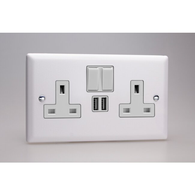 Varilight Urban 2-Gang 13A Single Pole Switched Socket + 2 5V DC 2100mA USB Charging Ports  White Chalk White White