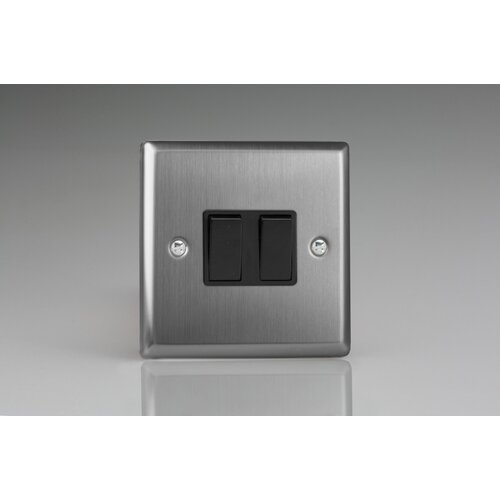 Varilight Classic 2-Gang 10A 1- or 2-Way Rocker Switch Black Brushed Steel Black Rockers Varilight Classic 2-Gang 10A 1- or 2-Way Rocker Switch Black Brushed Steel Black Rockers