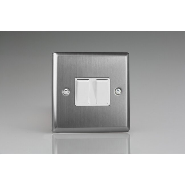 Varilight Classic 2-Gang 10A 1- or 2-Way Rocker Switch White Brushed Steel White Rockers