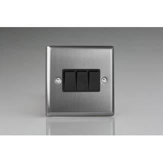 Varilight Classic 3-Gang 10A 1- or 2-Way Rocker Switch Black Brushed Steel Black Rockers