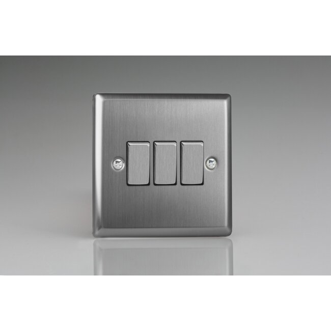 Varilight Classic 3-Gang 10A 1- or 2-Way Rocker Switch with Metal Rockers Decorative Brushed Steel Steel Rockers