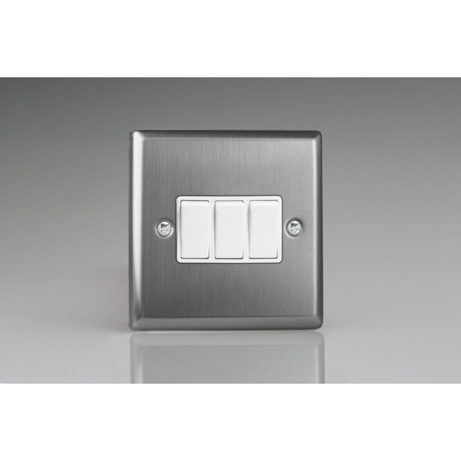 Varilight Classic 3-Gang 10A 1- or 2-Way Rocker Switch White Brushed Steel White Rockers