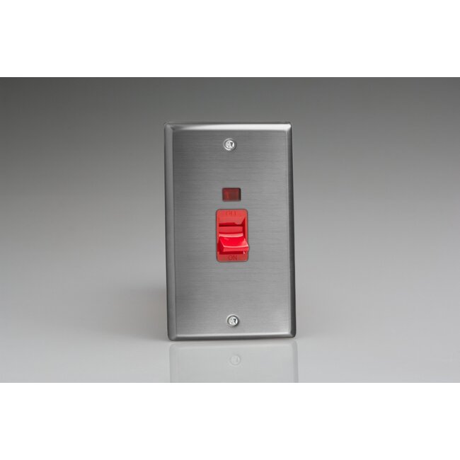 Varilight Classic 45A Cooker Switch + Neon (Vertical Twin Plate, Red Rocker) Red Brushed Steel Red Insert