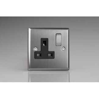 Varilight Classic 1-Gang 13A Double Pole Switched Socket with Metal Rockers Black Brushed Steel Steel/Black Inserts