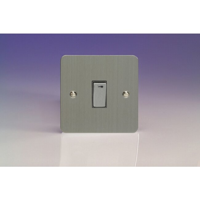 Varilight Ultraflat 1-Gang 20A Double Pole Rocker Switch + Neon Indicator Light Decorative Brushed Steel Steel Rocker