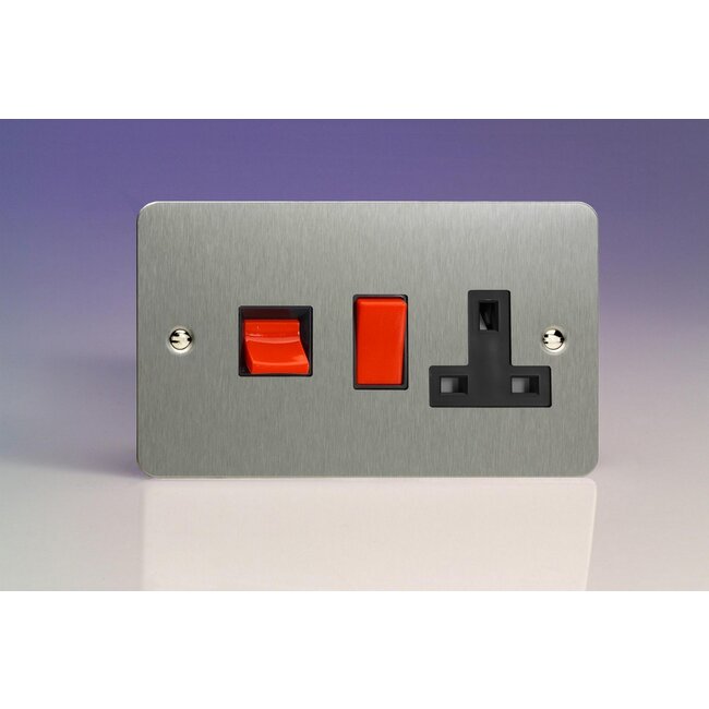 Varilight Ultraflat 45A Cooker Panel with 13A Double Pole Switched Socket Outlet (Red Rocker) Black Brushed Steel Black/Red Inserts