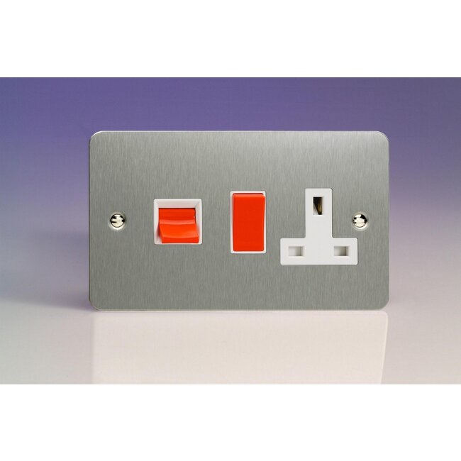 Varilight Ultraflat 45A Cooker Panel with 13A Double Pole Switched Socket Outlet (Red Rocker) White Brushed Steel White/Red Inserts
