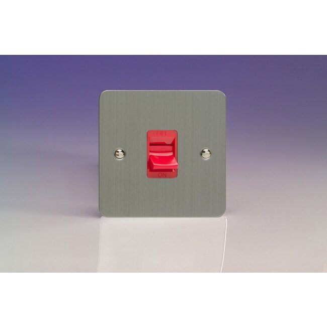Varilight Ultraflat 45A Cooker Switch (Single Plate, Red Rocker) Red Brushed Steel Red Insert