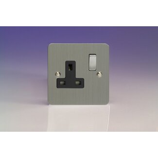 Varilight Ultraflat 1-Gang 13A Double Pole Switched Socket with Metal Rockers Black Brushed Steel Steel/Black Inserts