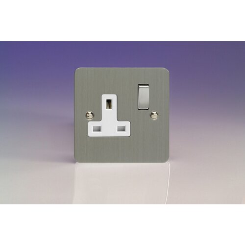 Varilight Ultraflat 1-Gang 13A Double Pole Switched Socket with Metal Rockers White Brushed Steel Steel/White Inserts Varilight Ultraflat 1-Gang 13A Double Pole Switched Socket with Metal Rockers White Brushed Steel Steel/White Inserts