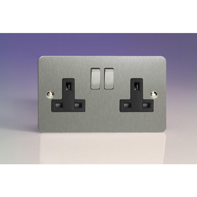 Varilight Ultraflat 2-Gang 13A Double Pole Switched Socket with Metal Rockers Black Brushed Steel Steel/Black Inserts