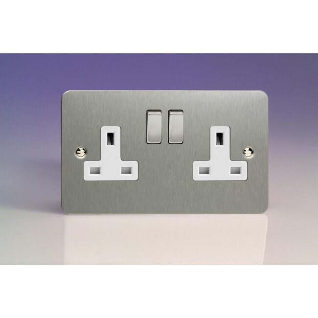 Varilight Ultraflat 2-Gang 13A Double Pole Switched Socket with Metal Rockers White Brushed Steel Steel/White Inserts