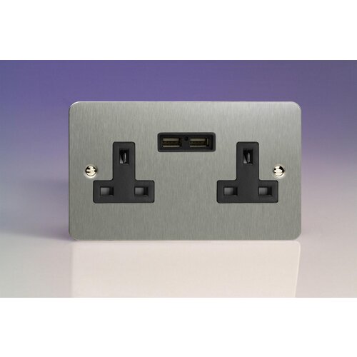 Varilight Ultraflat 2-Gang 13A Unswitched Socket + 2x5V DC 2100mA USB Charging Ports Black Brushed Steel Black Inserts Varilight Ultraflat 2-Gang 13A Unswitched Socket + 2x5V DC 2100mA USB Charging Ports Black Brushed Steel Black Inserts