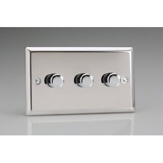 Varilight Classic 3-Gang 2-Way Push-On/Off Rotary LED Dimmer 3 x 0-120W (1-10 LEDs) (Twin Plate) V-Pro Mirror Chrome Chrome Knobs
