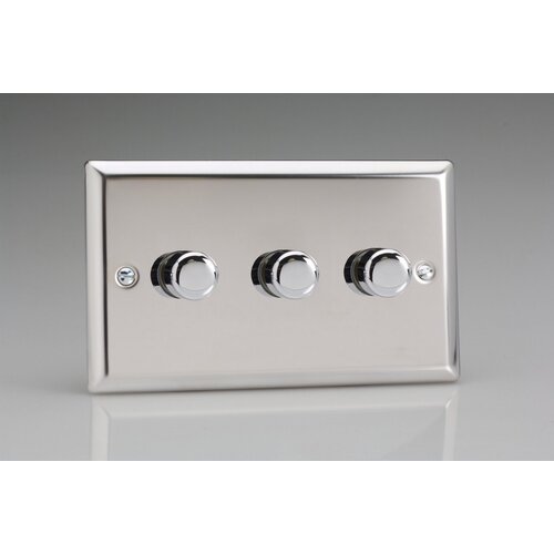 Varilight Classic 3-Gang 2-Way Push-On/Off Rotary LED Dimmer 3 x 0-120W (1-10 LEDs) (Twin Plate) V-Pro Mirror Chrome Chrome Knobs Varilight Classic 3-Gang 2-Way Push-On/Off Rotary LED Dimmer 3 x 0-120W (1-10 LEDs) (Twin Plate) V-Pro Mirror Chrome Chrome Knobs