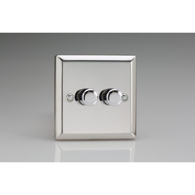 Varilight Classic 2-Gang 2-Way Push-On/Off Rotary LED Dimmer 2 x 0-120W (1-10 LEDs) V-Pro Mirror Chrome Chrome Knobs