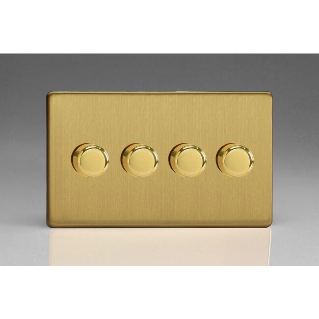 Varilight Screwless 4-Gang 2-Way Push-On/Off Rotary LED Dimmer 4 x 0-120W (1-10 LEDs) (Twin Plate) V-Pro Brushed Brass Brass Knobs